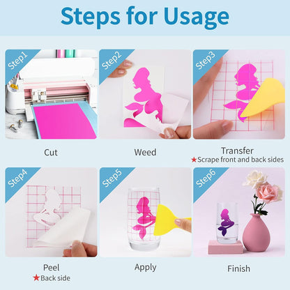 Color Changing Vinyl Permanent Adhesive for Cutting Machine,8 Pack Cold Bundle 6 Colors-12" X 10" Sheets +2 Transfer Sensitive Tape