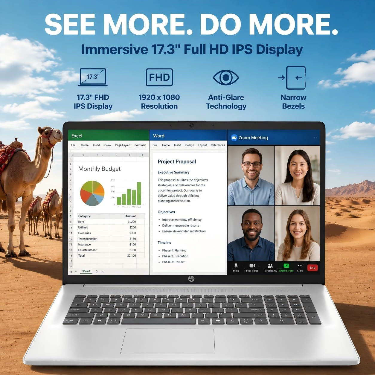 HP 17 Inch Laptop Computer, 17.3" FHD IPS Display, 20 GB RAM, 1 TB SSD, AMD Ryzen 5 7430U (Up to 4.3Ghz), Wi-Fi 6, Bluetooth 5.4, Copilot AI Key, Business & Students, Windows 11 Pro, W/Accessories