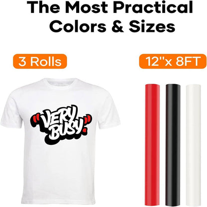 HTV Vinyl Rolls Black White and Red Heat Transfer Vinyl 12"X 8FT Iron on Vinyl