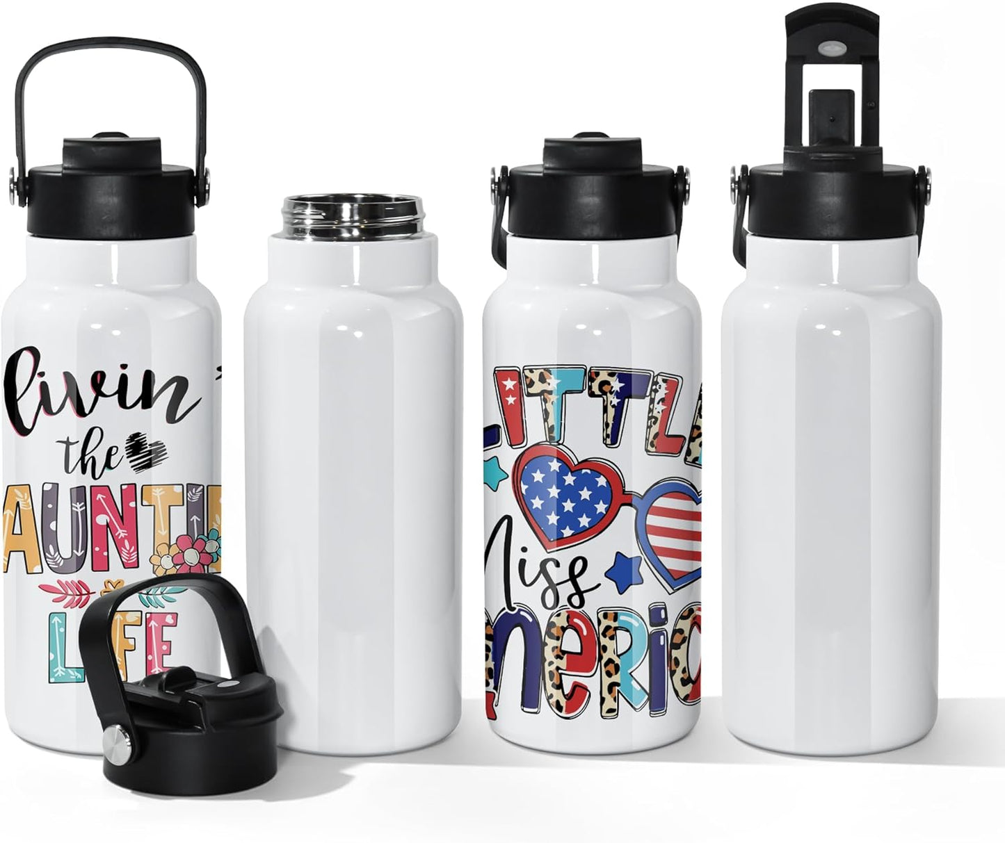 32 Oz Sublimation Water Bottle Blanks, 4 Pack Double Wall Vacuum Flask Stainless Steel Sublimation Tumbler Blank Sports Wide Mouth Water Bottle with Straw and Portable Handle