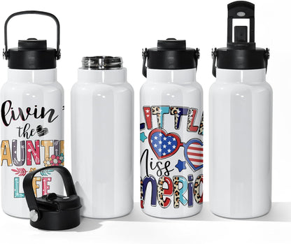 32 Oz Sublimation Water Bottle Blanks, 4 Pack Double Wall Vacuum Flask Stainless Steel Sublimation Tumbler Blank Sports Wide Mouth Water Bottle with Straw and Portable Handle