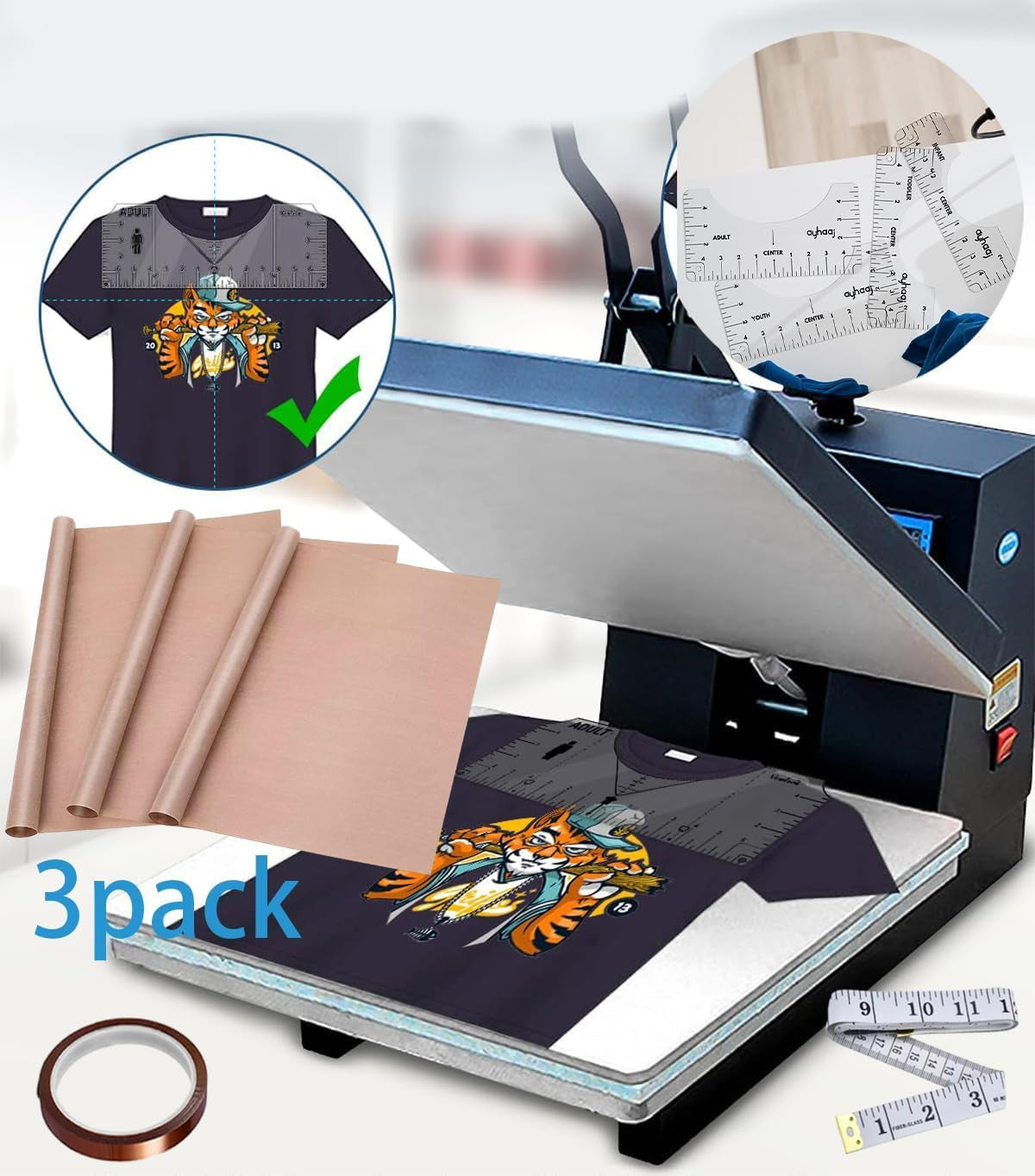 Sublimation Shirts Tool Kits (Pink) - 4 T Shirt Rulers, 3Pack Teflon Sheet for Heat Press 12 X 16In - 2 Rolls Heat Resistant Tape,1 Tape Measure,1Squeegee for Vinyl