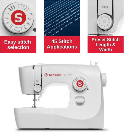 SINGER M1150 Portable Sewing Machine White – Accessories Included | 16 Stitches, Top Drop-In Bobbin, 4-Step Buttonhole, Free Arm, LED Light | Ideal Sewing Machine for Home Projects