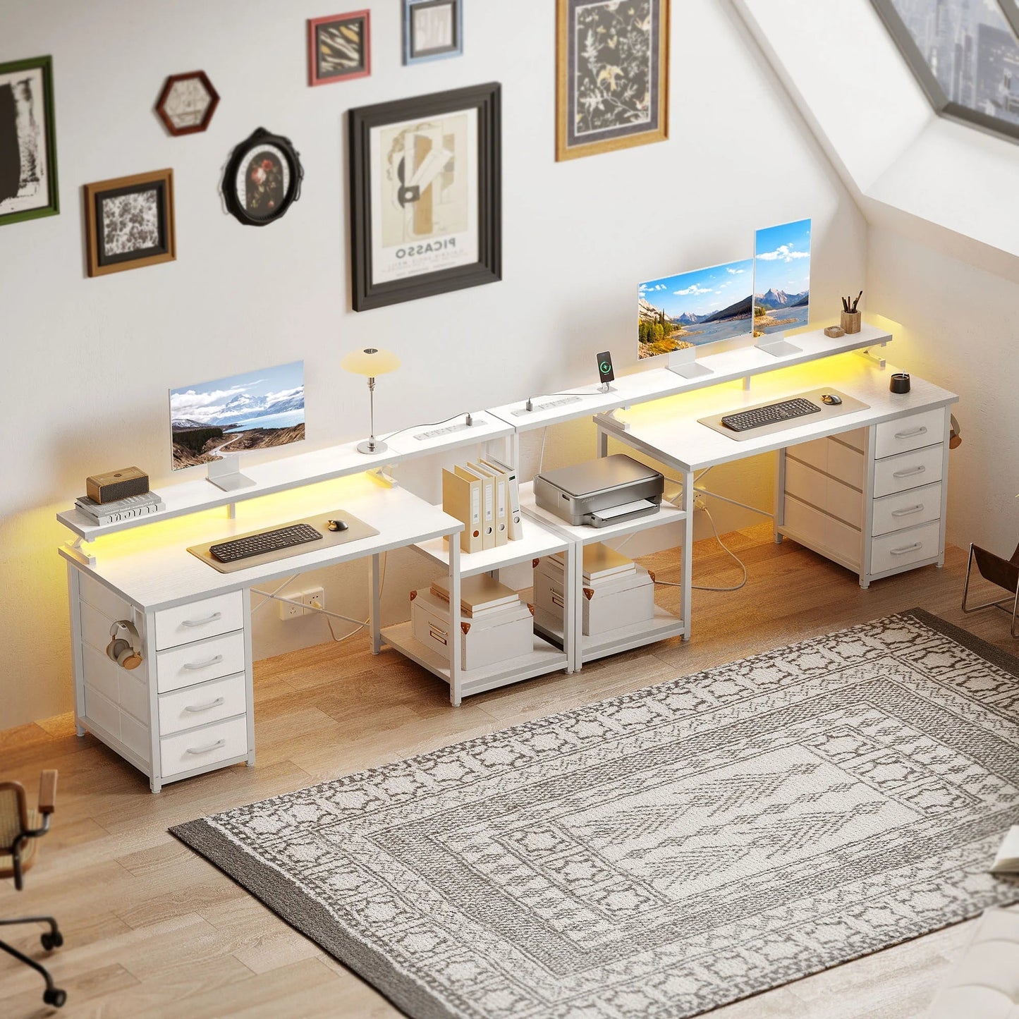 55 Inch Computer Desk with USB Ports and Power Outlets, Printer Shelf & Built-In LED, 4 Drawers & Storage Shelf, Home Office Desks, White