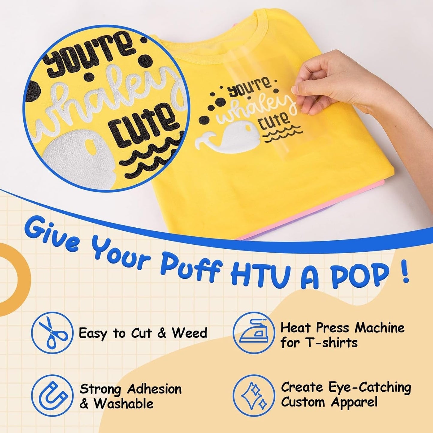 Puff Vinyl Heat Transfer - 10" X 60" 3D Adhesive HTV White Iron on Vinyl for All Cutter Machine Puffy Heat Press Vinyl for Shirts Easy to Cut & Weed (White)