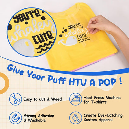 Puff Vinyl Heat Transfer - 10" X 60" 3D Adhesive HTV White Iron on Vinyl for All Cutter Machine Puffy Heat Press Vinyl for Shirts Easy to Cut & Weed (White)