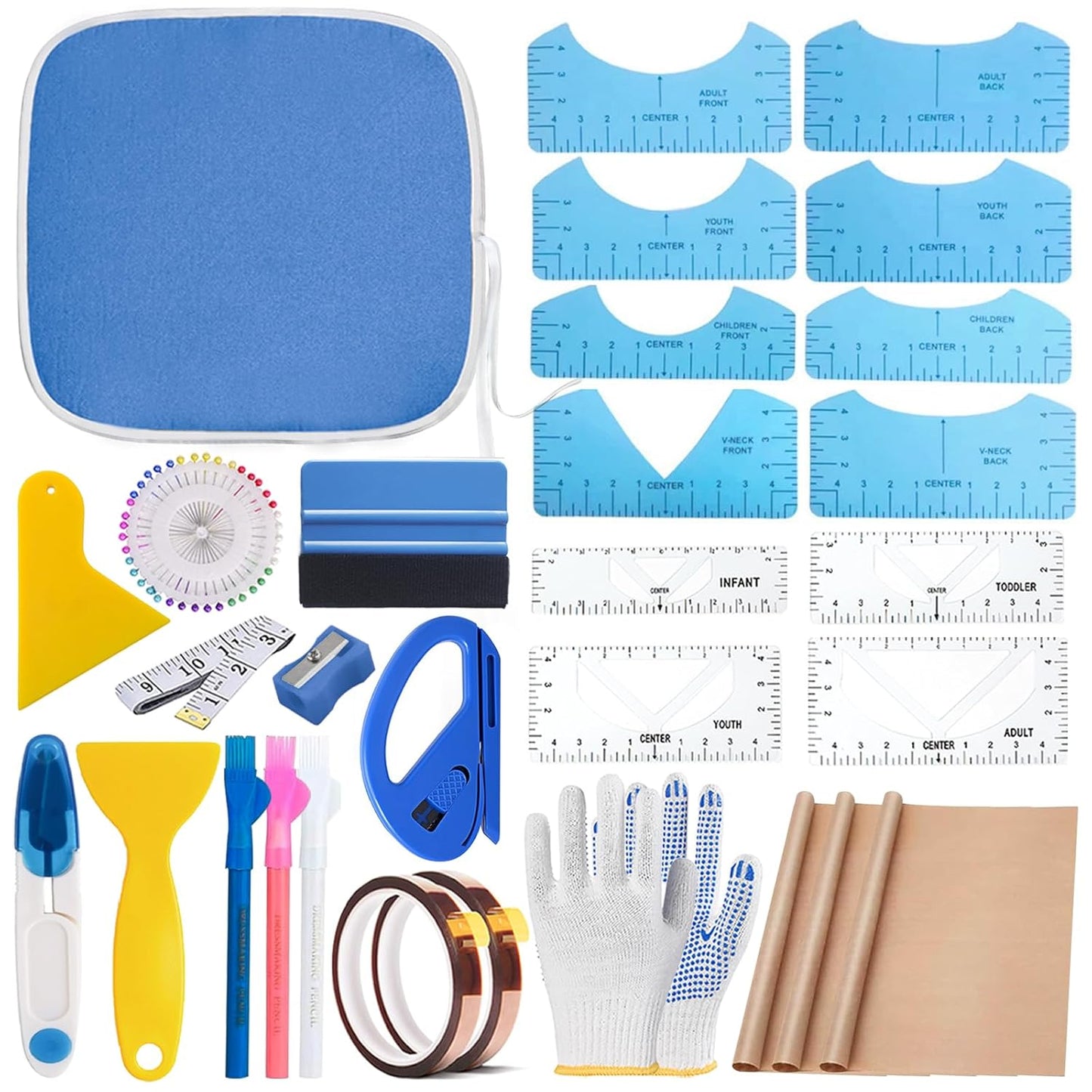 Sublimation Shirts Tool Kits for Vinyl Alignment,Portable Pad for Ironing,T-Shirt Rulers Guide and Teflon Sheet for Cricut Heat Press HTV Vinyl Center Designs,Craft Sewing Accessories