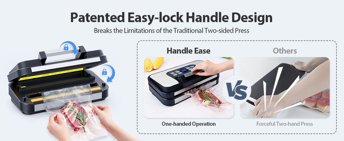 95Kpa Powerful Vacuum Sealer, Aeitto Food Sealer with 10-In-1 Functions, Easy-Lock Handle, Double Heat Seal & Double Pump, for Food with Bags Storage, Built-In Cutter,Stainless Steel