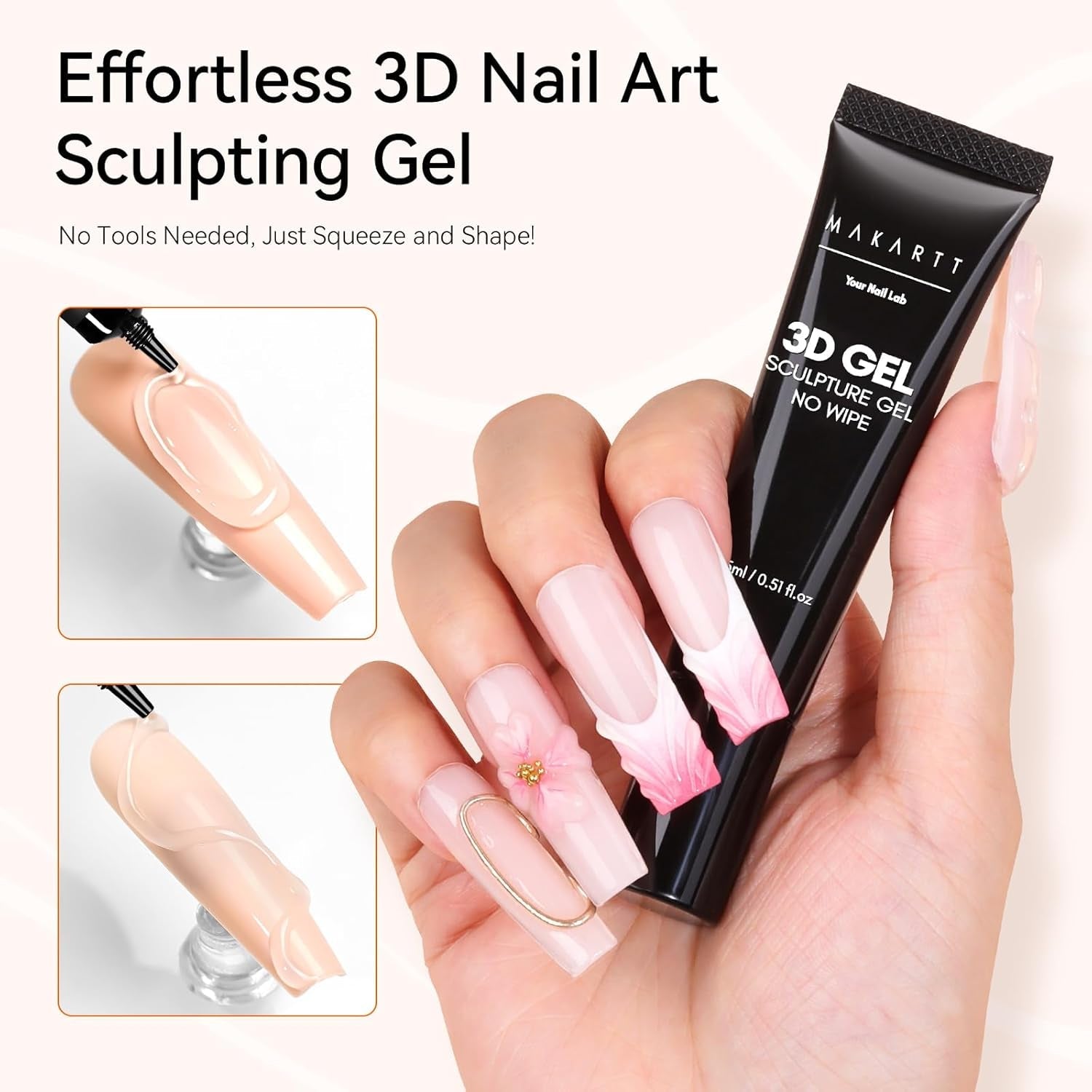 Makartt 3D Gel Nail Art, Sculpting Gel Glue for Drawing, Molding, Sculpture, Gems and Decoration, No Wipe Clear Gel Polish for DIY Nail Designs, 15G