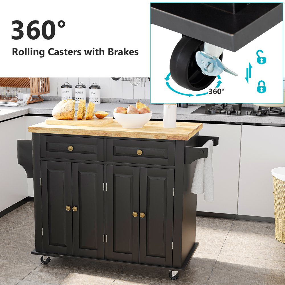 Rolling Kitchen Island, Kitchen Cart with Rubber Wood Countertop, Lockable Casters, Adjustable Shelves, Matte(Black-43.3"X17.7"X32.5")