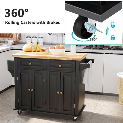 Rolling Kitchen Island, Kitchen Cart with Rubber Wood Countertop, Lockable Casters, Adjustable Shelves, Matte(Black-43.3"X17.7"X32.5")