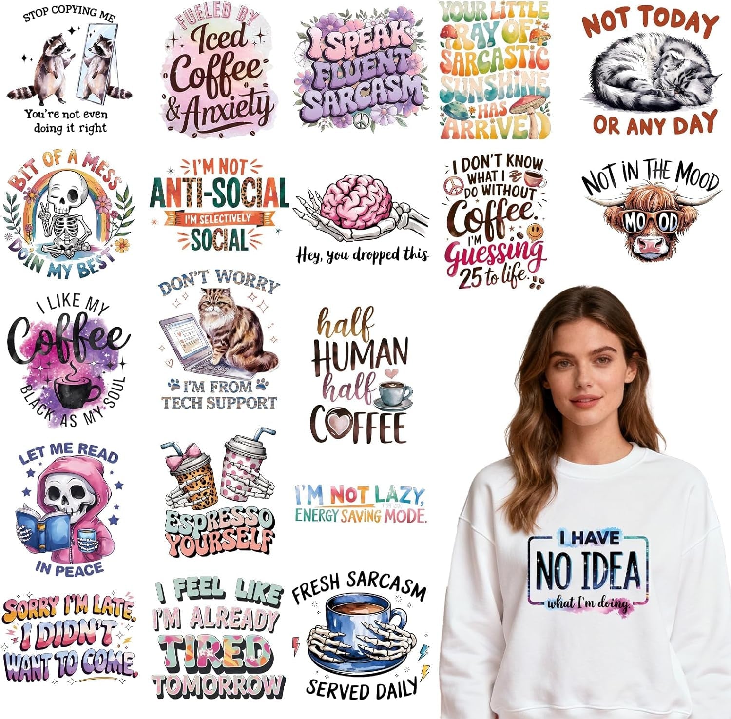 Dtf Transfers Ready to Press - 20 Pcs Sarcastic Quotes Iron on Patches for T-Shirts, Funny Animals Iron on Stickers Humorous Heat Transfer Vinyl Decals for DIY Fabric Clothes Decor
