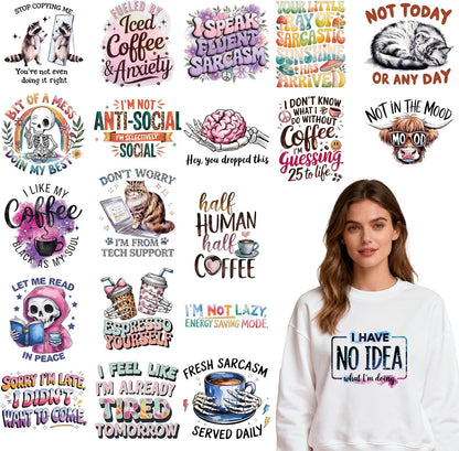 Dtf Transfers Ready to Press - 20 Pcs Sarcastic Quotes Iron on Patches for T-Shirts, Funny Animals Iron on Stickers Humorous Heat Transfer Vinyl Decals for DIY Fabric Clothes Decor