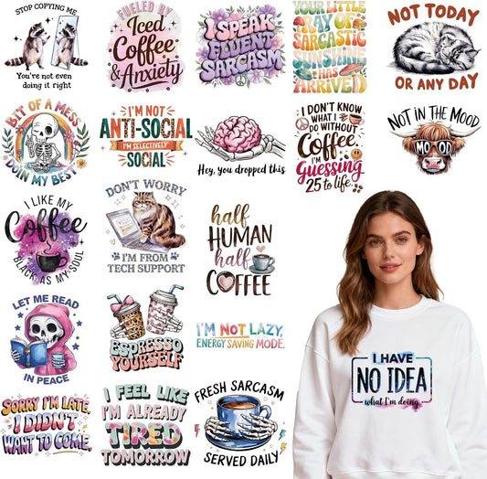 Dtf Transfers Ready to Press - 20 Pcs Sarcastic Quotes Iron on Patches for T-Shirts, Funny Animals Iron on Stickers Humorous Heat Transfer Vinyl Decals for DIY Fabric Clothes Decor