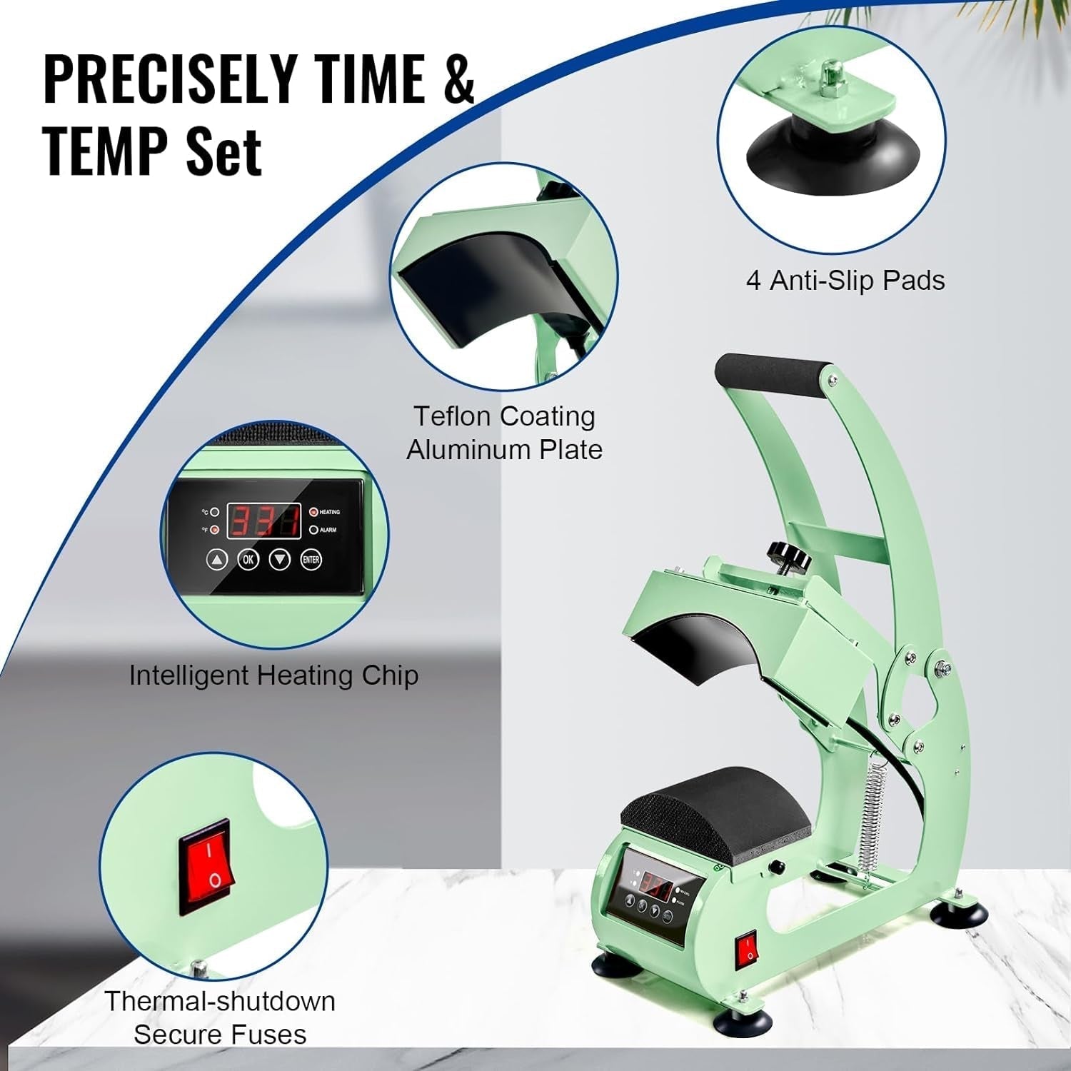 Heat Press Machine for Hats with 2Pcs Interchangeable Heating Platens(5.5"X3.8", 5"X3.4"), Curved Element Press Clamshell, LCD Digital Timer Temperature Control for HTV and Sublimation-Green