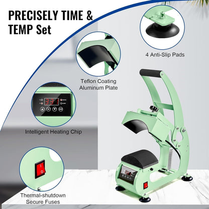 Heat Press Machine for Hats with 2Pcs Interchangeable Heating Platens(5.5"X3.8", 5"X3.4"), Curved Element Press Clamshell, LCD Digital Timer Temperature Control for HTV and Sublimation-Green