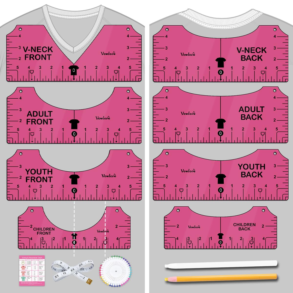 Tshirt Ruler Guide for Vinyl Alignment: T Shirt Rulers to Center Designs, Tee Shirt Alignment Tools for Heat Press, Sewing Accessories HTV Heat Transfer Vinyl, V-Neck Adult Front Back Measurement