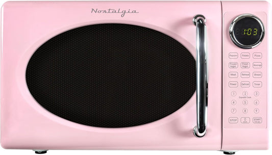 Nostalgia Retro Microwave Oven - 0.7 Cu Ft, 700-Watt Countertop Size with Glass Turntable, Child Safety Lock, 8 Auto-Cook Programs, Digital Clock - Pink