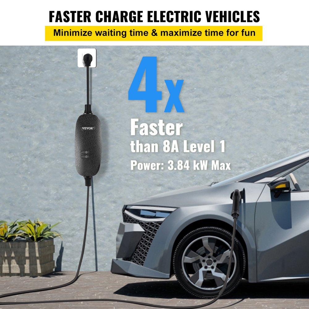 Level 2 EV Charger, 16 Amp 110V-240V 3.84 Kw, Portable Electric Vehicle Charger with 25 Ft Charging Cable NEMA 6-20 Plug, SAE J1772 Standard Plug-In Home EV Charging Station for Electric Cars