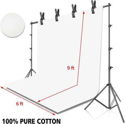 Photo Background Support System with 8.5 x 10ft Backdrop Stand Kit, 100% White Cotton Muslin Backdrop,Clamp, Carry Bag for Photography Video Studio