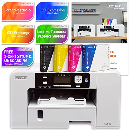 Sawgrass UHD Virtuoso SG500 Sublimation Color Printer Starter Bundle with Paper, Inks, Tape, Blanks, Designs