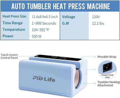 PYD Life 120 V Auto Tumbler Heat Press Machine 30 OZ 20 OZ Tumbler Mug Heat Press Touch Screen Light Blue for 10-30 OZ Sublimation Straight Tumblers Cups Mugs Printing