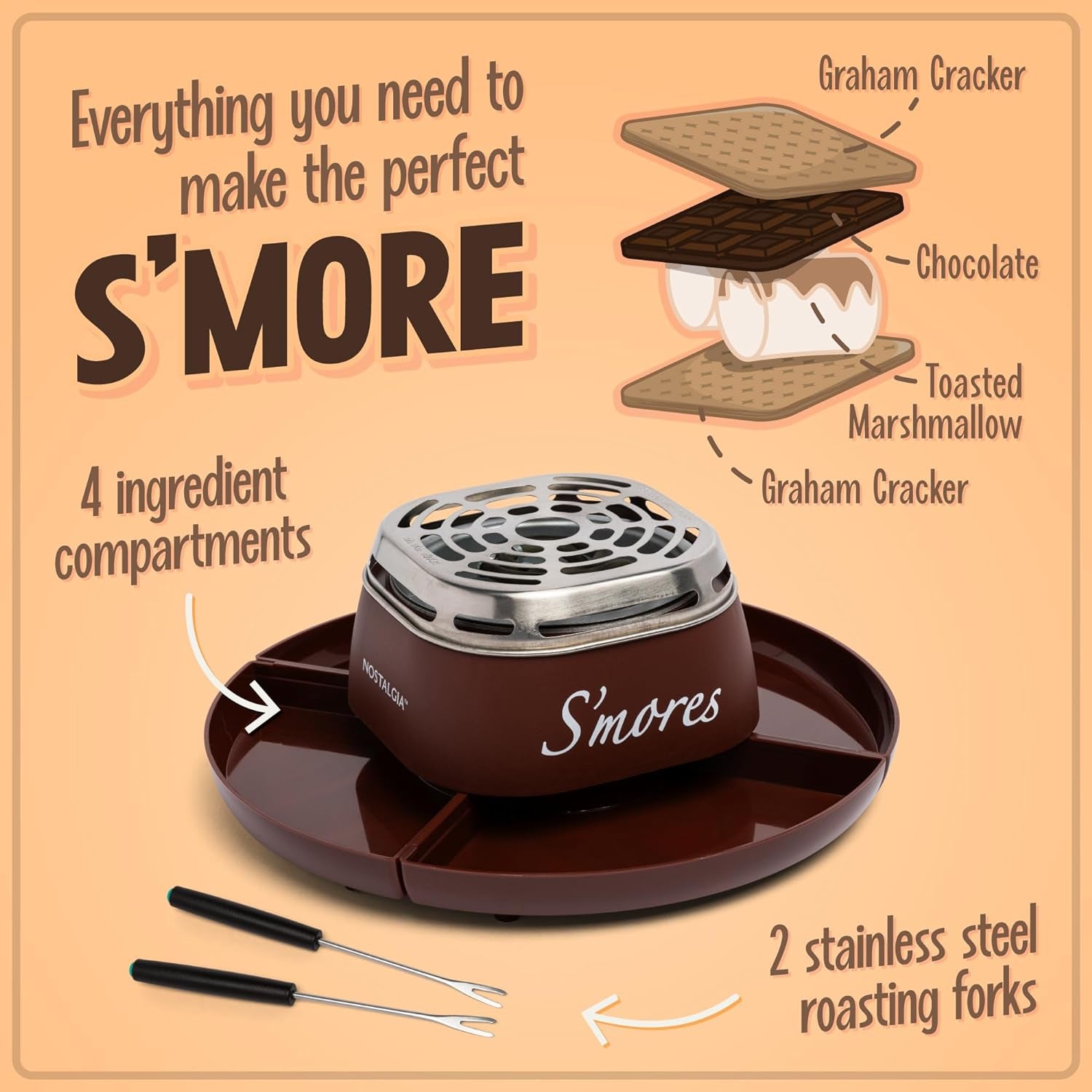 Nostalgia Tabletop Indoor Electric S'Mores Maker - Smores Kit with Marshmallow Roasting Sticks and 4 Trays for Graham Crackers, Chocolate, and Marshmallows - Movie Night Supplies - Brown