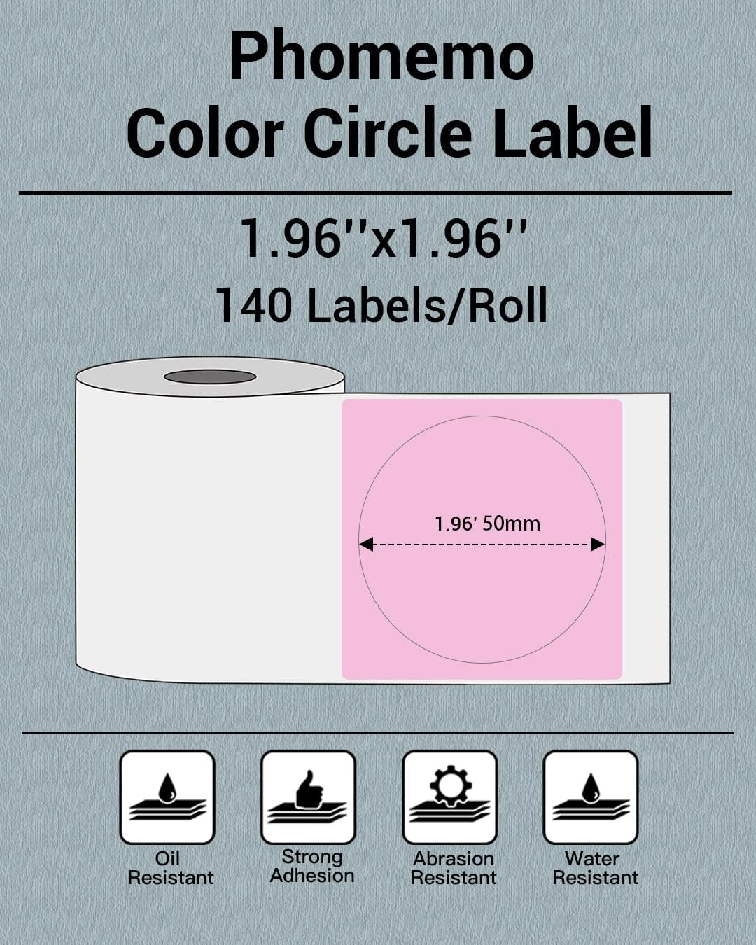 Phomemo Circle Labels for M110/M110S/M120/M200/M220 Label Maker, 1.96" X 1.96"（50X50 Mm） round Thermal Label for Barcode Labels, DIY Logo Design, Black on Pink