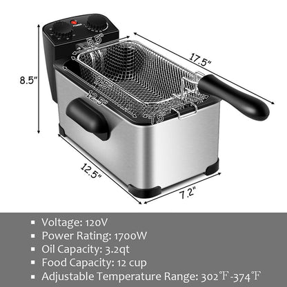 3.2 Quart Electric Deep Fryer 1700W Stainless Steel Timer Frying Basket