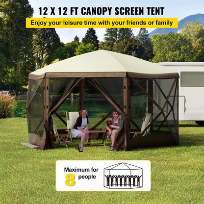 brand Camping Gazebo Tent, 12'X12', 6 Sided Pop-Up Canopy Screen Tent for 8 Person Camping, Waterproof Screen Shelter W/Portable Storage Bag, Ground Stakes, Mesh Windows, Brown & Beige