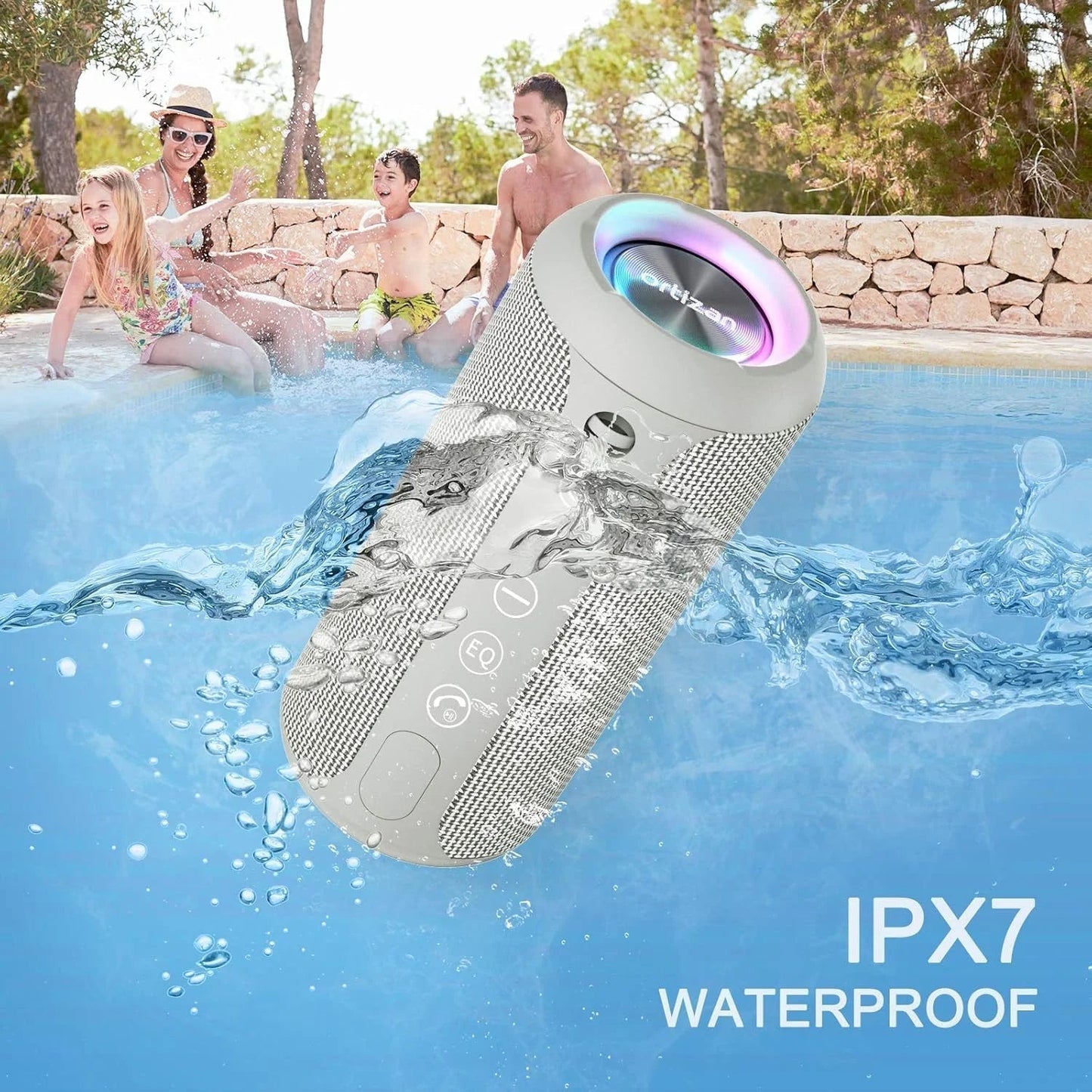 Wireless Portable Speaker,Ipx7 Waterproof Bluetooth Speaker, 24W Loud Stereo Sound, Bassboom Technology, TWS Pairing, Built-In Mic, 30H Playtime with Lights for Home Outdoor - Gray