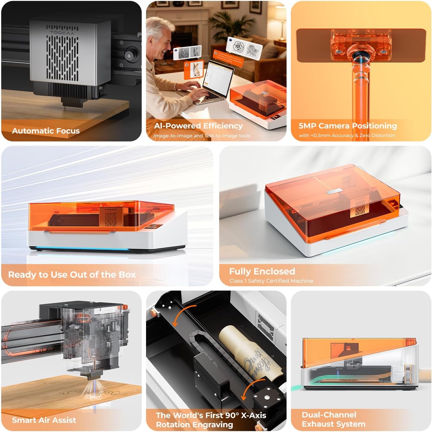 TOOCAA NOVA 20W Smart AI Laser Engraver & Cutter, Fully Enclosed Class 1 Safety, 5MP AI Positioning Camera & Auto Focus, 360° Rotary & Air Assist, Dual-Channel Exhaust for Cleaner Cuts & Less Smoke