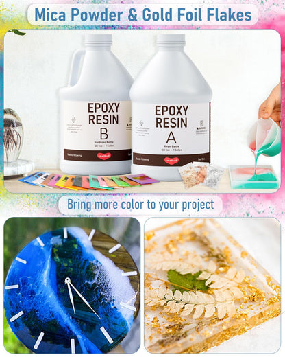 2 Gallon Epoxy Resin Kit with 36 Colors Mica Powder, Gold Foil, Cups & Stick, Crystal Clear Resin Beginner Supplies for Coating Casting Table, Molds, Jewelry Making, DIY Art Craft, 1:1 Ratio