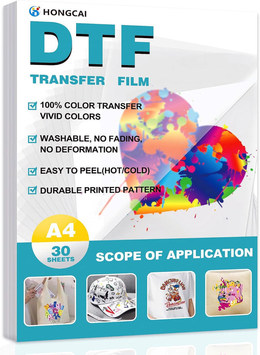 30 Sheets DTF Transfer Film A4 (8.3' X 11.7') Double-Sided Matte | PET Heat Transfer Paper, Cold and Hot Peel, Suitable for DTF Inkjet Printer, Direct Printing on T-Shirt and Fabrics