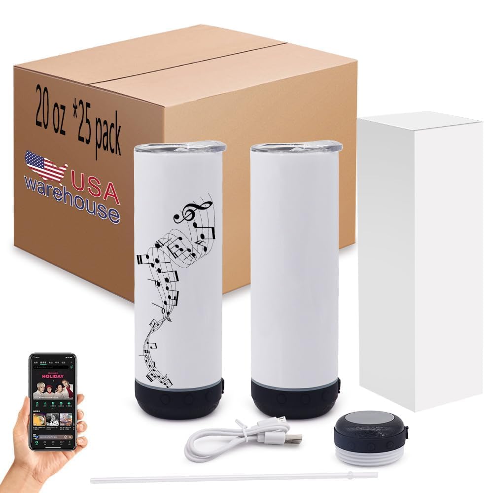 20oz Sublimation Tumbler Blank Bluetooth Tumbler with Straw and Lid, Double-Wall Stainless Steel Vacuum Insulation cups, RemovableRechargeable Bluetooth Wireless Speaker