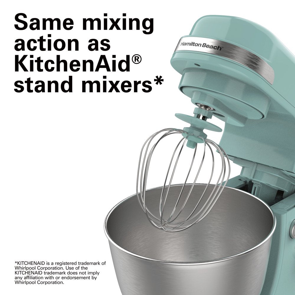 Electric Stand Mixer, 4 Quart Stainless Bowl, 7 Speeds, Tilt-Head, Dough Hook, Whisk and Flat Beater, Splash Guard, 300 Watts, Aqua Blue, 63387