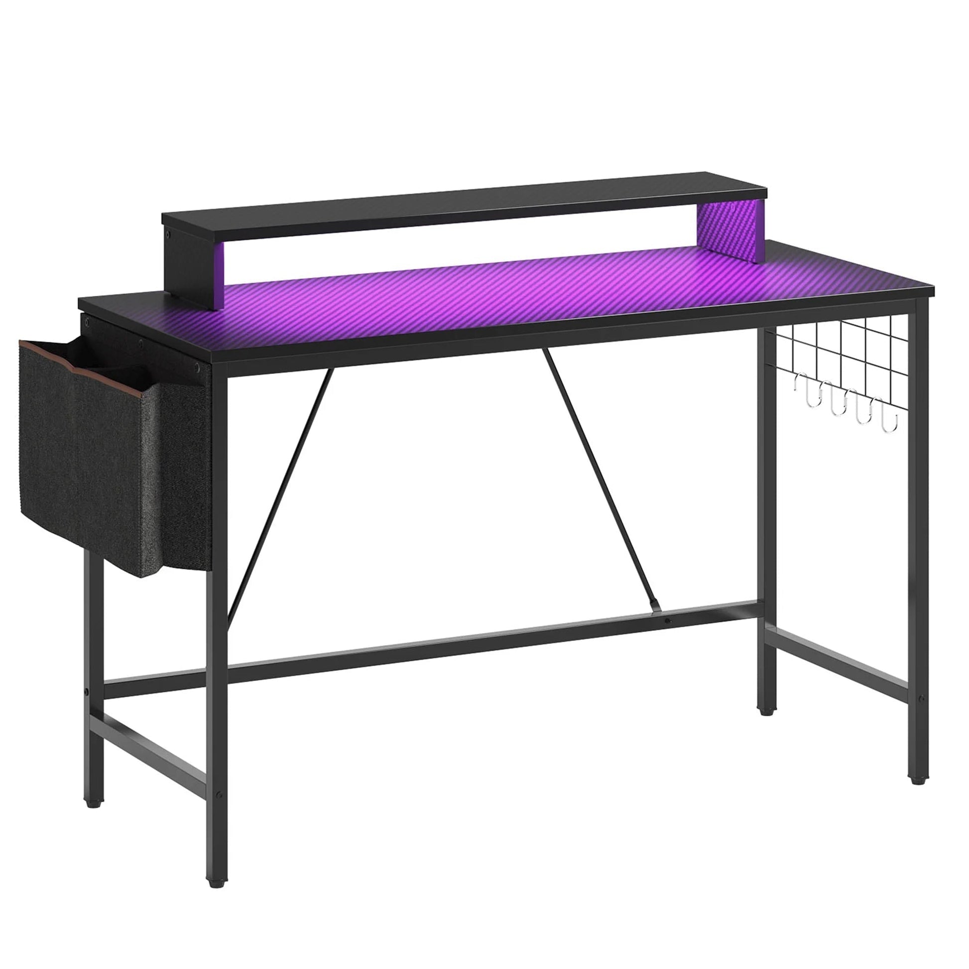 41.7 Inch Gaming Desk with LED Monitor Stand, Storage Pocket, Grid Side Frame, for Gaming Room and Home Office, Carbon Fiber Black
