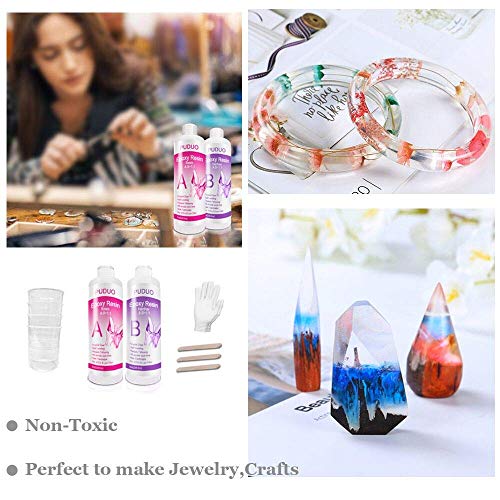 Epoxy Resin Crystal Clear Kit for Art, Jewelry, Crafts, Coating- 16 OZ Including 8OZ Resin and 8OZ Hardener | Bonus 4 pcs Measuring Cups, 3pcs Sticks, 1 Pair Rubber Gloves by Puduo