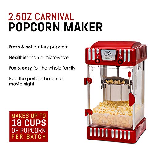 Elite Gourmet EPM-250 Maxi-Matic 2.5 Ounce Classic Carnival, Tabletop Kettle Popcorn Popper Machine, Retro-Style, Movie Hot Buttered Popcorn, Red