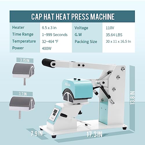 PYD Life Caps Hat Heat Press Machine Mint Green 6.5" x 3" for Sublimation Printing and HTV DIY Projects,with 2 Pieces Silicone Mats(5.9" x 3.15",5.9" x 3.74")