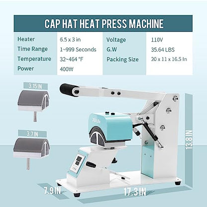 PYD Life Caps Hat Heat Press Machine Mint Green 6.5" x 3" for Sublimation Printing and HTV DIY Projects,with 2 Pieces Silicone Mats(5.9" x 3.15",5.9" x 3.74")