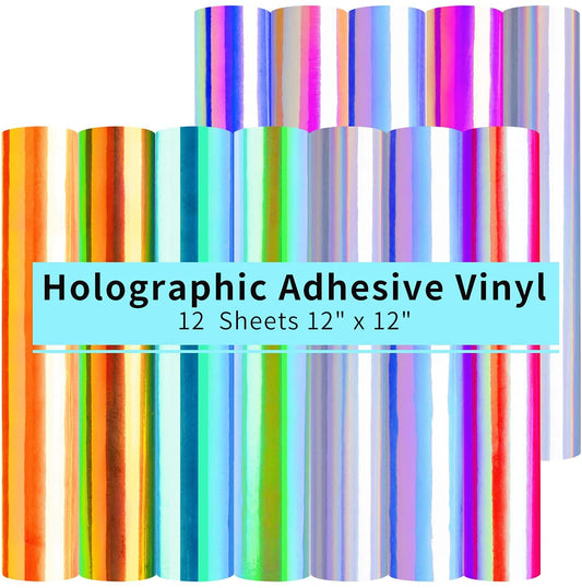 Holographic Vinyl - 12 Sheets 12 "X12 Holographic Permanent Vinyl for All Cutting Machine - Easy to Weed & Transfer Iridescent Craft Adhesive Vinyl Sheets