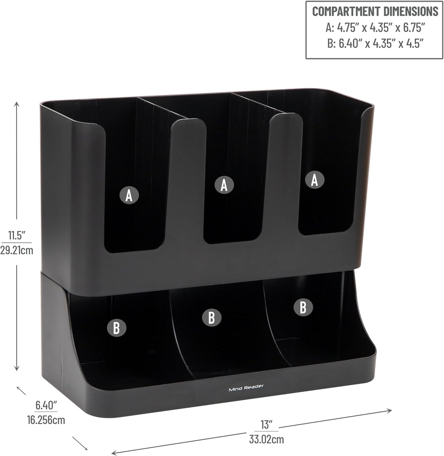 Mind Reader Cup and Condiment Station, Countertop Coffee Bar Organizer with 6 Compartments, Storage Caddy for Cups Lids and Packets, Plastic, Black