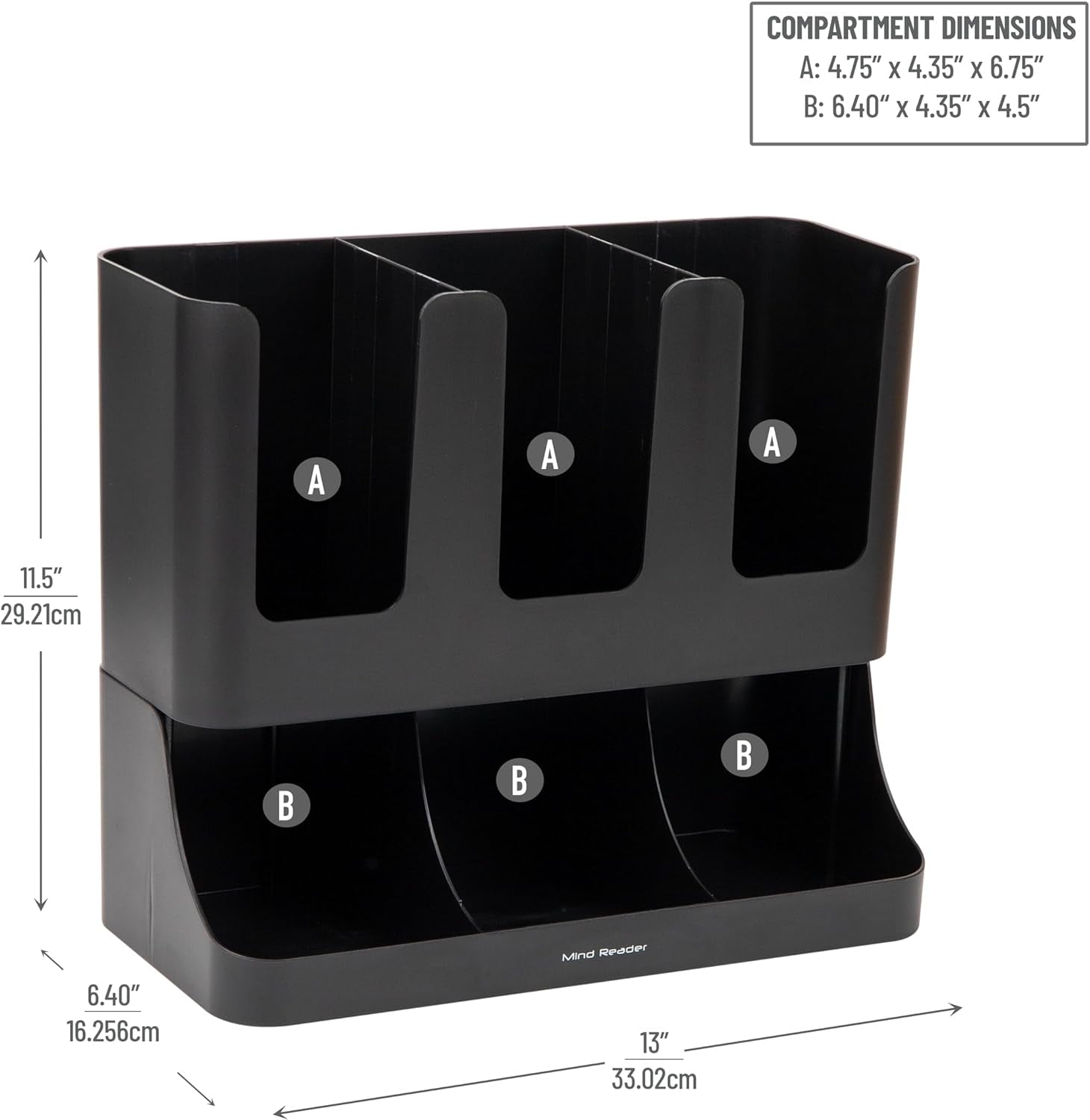 Mind Reader Cup and Condiment Station, Countertop Coffee Bar Organizer with 6 Compartments, Storage Caddy for Cups Lids and Packets, Plastic, Black