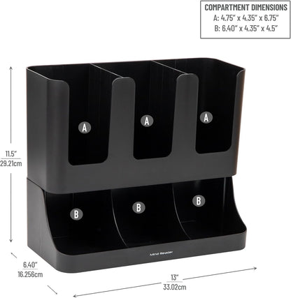 Mind Reader Cup and Condiment Station, Countertop Coffee Bar Organizer with 6 Compartments, Storage Caddy for Cups Lids and Packets, Plastic, Black