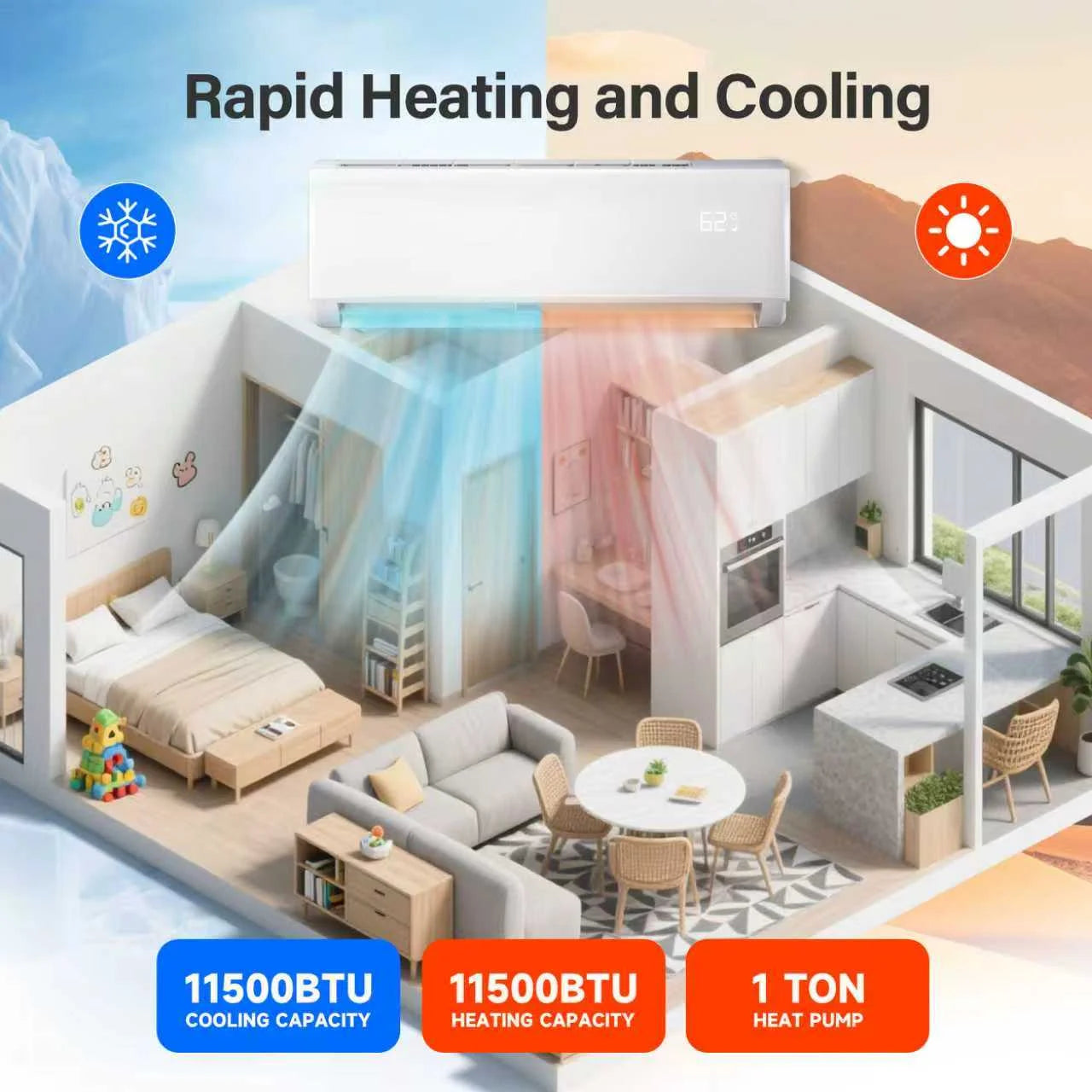 11500 BTU Mini Split Air Conditioner & Heater, Wifi Enabled 115V Energy Saving Wall Mounted Inverter Ductless AC Unit Cools up to 750 Sq. Ft, Heat Pump & Installation Kit