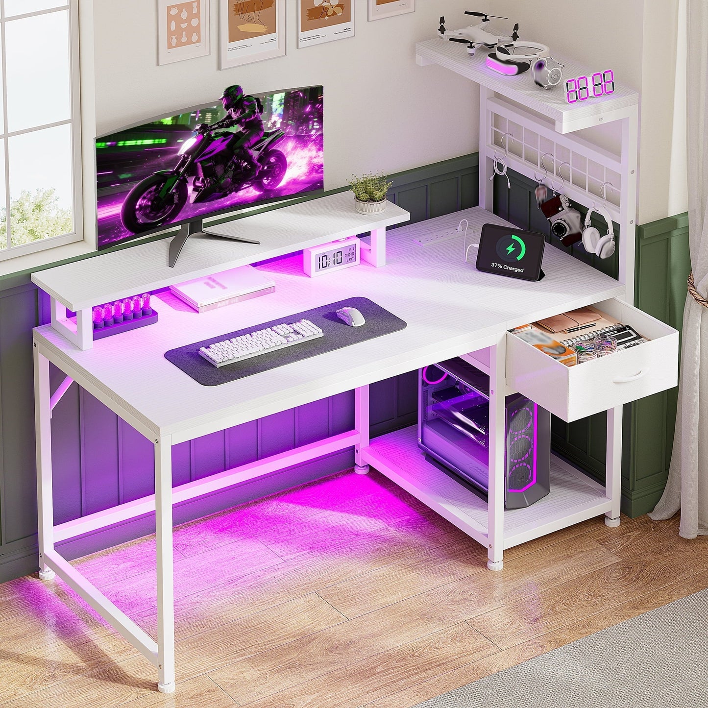 39.4" W Gaming Desk with LED Light Coner Desk with Drawers PC Desk with Reversible Shelves, White