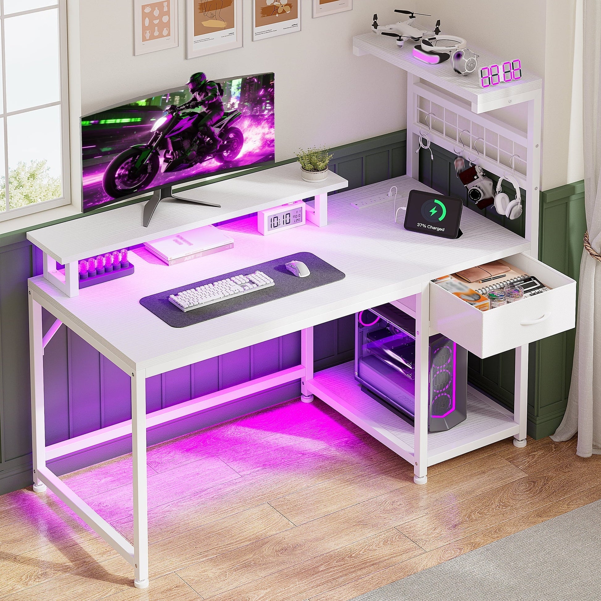 39.4" W Gaming Desk with LED Light Coner Desk with Drawers PC Desk with Reversible Shelves, White