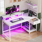 39.4" W Gaming Desk with LED Light Coner Desk with Drawers PC Desk with Reversible Shelves, White