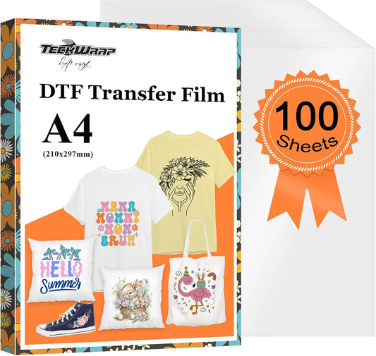 DTF Transfer Film - 100 Sheets A4 8.3" X 11.7" Matte PET DTF Film Heat Transfer Paper for Direct-To-Film Print on T-Shirts Textile Work with DTF Printers,Sublimation Hack, Epson Printer